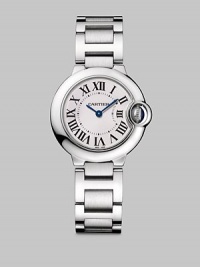 Distinctive stainless steel design with blue hands and large Roman numeral dial.Cartier caliber 057 quartz movement Water resistant to 100 feet Stainless steel case, 28.6mm, (1.1) Silver opaline dial Roman numeral markers Blue steel hands Stainless steel bracelet Made in Switzerland Distinctive stainless steel design with blue hands and large Roman numeral dial.Cartier caliber 057 quartz movement Water resistant to 100 feet Stainless steel case, 28.6mm, (1.1) Silver opaline dial Roman numeral markers Blue steel hands Stainless steel bracelet Made in Switzerland