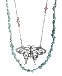 Beautifully boho-chic. Lucky Brand epitomizes free-spirited style with this whimsical two row necklace. Design features a strand of semi-precious reconstituted calcite turquoise and a delicate open work butterfly pendant with colorful plastic bead accents. Set in mixed metal. Approximate length: 26 inches + 2-inch extender. Approximate drop: 4 inches. Beautifully boho-chic. Lucky Brand epitomizes free-spirited style with this whimsical two row necklace. Design features a strand of semi-precious reconstituted calcite turquoise and a delicate open work butterfly pendant with colorful plastic bead accents. Set in mixed metal. Approximate length: 26 inches + 2-inch extender. Approximate drop: 4 inches.
