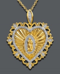 Embrace your faith. Mi Joya Divina's stunning Our Lady of Guadalupe pendant features an intricate heart shape and sparkling, round-cut diamonds (1/5 ct. t.w.). Setting and chain crafted in 14k gold. Approximate length: 18 inches. Approximate drop length: 1-2/10 inches. Approximate drop width: 6/10 inch.