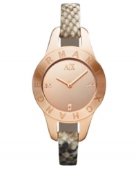 The sultry mix of python and rose-gold creates a fierce timepiece from AX Armani Exchange. The sultry mix of python and rose-gold creates a fierce timepiece from AX Armani Exchange.