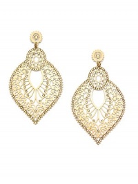 THE LOOKInverted teardrop silhouetteWhite crystal stone accentsFiligree designGoldplated brass settingPost backTHE MEASUREMENTWidth, about 2Length, about 3ORIGINImported THE LOOKInverted teardrop silhouetteWhite crystal stone accentsFiligree designGoldplated brass settingPost backTHE MEASUREMENTWidth, about 2Length, about 3ORIGINImported