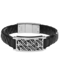 The name of the game. Emporio Armani's signature illusion logo bracelet is designed for the cool, confident man. Crafted in black leather with an adjustable closure, it features a striking polished steel accent. Approximate length: 7-3/10 inches.