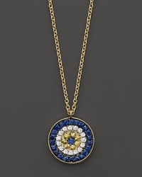 A diamond enhanced evil eye mixes with yellow and blue sapphires on a gold necklace. Matching bracelet sold separately. Designed by Meira T. A diamond enhanced evil eye mixes with yellow and blue sapphires on a gold necklace. Matching bracelet sold separately. Designed by Meira T.