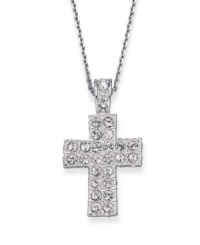 Celebrate your faith with this shining crystal pave cross pendant from Swarovski, in rhodium-plated mixed metal. Approximate length: 15-1/2 inches. Approximate drop: 1 inch. Celebrate your faith with this shining crystal pave cross pendant from Swarovski, in rhodium-plated mixed metal. Approximate length: 15-1/2 inches. Approximate drop: 1 inch.