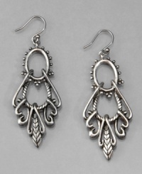 Free in spirit, these stylish Lucky Brand earrings feature attractive openwork. Crafted in vintage silvertone mixed metal. Approximate drop: 2-1/2 inches. Free in spirit, these stylish Lucky Brand earrings feature attractive openwork. Crafted in vintage silvertone mixed metal. Approximate drop: 2-1/2 inches.