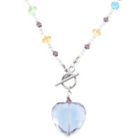 Sterling Silver Freshwater Cultured Pearl and Multiple-Colored Crystal Necklace with Crystal Heart, 18 Sterling Silver Freshwater Cultured Pearl and Multiple-Colored Crystal Necklace with Crystal Heart, 18