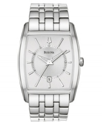 Accent your wrist with the finest. This modern watch from Bulova features silvertone stainless steel in a thick, durable bracelet. Rectangular stainless steel case and dial with logo, date window and stick indices. Quartz movement. Water resistant to 30 meters. Three-year limited warranty. Accent your wrist with the finest. This modern watch from Bulova features silvertone stainless steel in a thick, durable bracelet. Rectangular stainless steel case and dial with logo, date window and stick indices. Quartz movement. Water resistant to 30 meters. Three-year limited warranty.