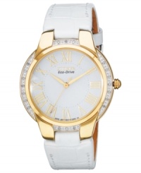 Remarkable style from Citizen. This blemish-free Ciena watch boasts glistening diamond accents and golden details. Remarkable style from Citizen. This blemish-free Ciena watch boasts glistening diamond accents and golden details.