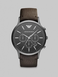 A smooth, matte dial with chronograph functionality is completed with a slightly textured leather strap bracelet.Chronograph dialRound bezelWater resistant to 5ATMDate display at 5 o'clockSecond handStainless steel case: 46mm(1.81)Leather strap braceletImported A smooth, matte dial with chronograph functionality is completed with a slightly textured leather strap bracelet.Chronograph dialRound bezelWater resistant to 5ATMDate display at 5 o'clockSecond handStainless steel case: 46mm(1.81)Leather strap braceletImported