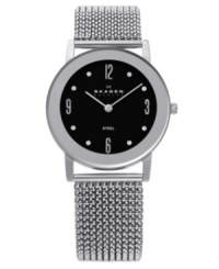 Dark drama. Elegantly timeless watch by Skagen Denmark crafted of stainless steel mesh expansion bracelet and round case. Black dial features applied silver tone numerals at twelve, three, six and nine o'clock, dot markers, eight crystal elements by Swarovski, two silver tone hands and logo. Quartz movement. Water resistant to 30 meters. Limited lifetime warranty. Dark drama. Elegantly timeless watch by Skagen Denmark crafted of stainless steel mesh expansion bracelet and round case. Black dial features applied silver tone numerals at twelve, three, six and nine o'clock, dot markers, eight crystal elements by Swarovski, two silver tone hands and logo. Quartz movement. Water resistant to 30 meters. Limited lifetime warranty.