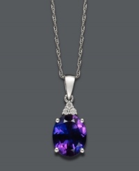 Pristine in purple. Add gloss and shine to your look in rich oval-shaped amethyst (2-1/5 ct. t.w.) accented by sparkling diamonds. Setting and chain crafted in 14k white gold. Approximate length: 18 inches. Approximate drop: 3/4 inch. Pristine in purple. Add gloss and shine to your look in rich oval-shaped amethyst (2-1/5 ct. t.w.) accented by sparkling diamonds. Setting and chain crafted in 14k white gold. Approximate length: 18 inches. Approximate drop: 3/4 inch.