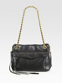 A roomy, yet chic leather style with expandable zipper sides for added space.Double leather and chain shoulder strap, 11¾ dropMagnetic snap closureExpandable zip sidesOne outside flap and zip pocketOne outside open pocketThree inner compartmentsOne inside zip pocketTwo inside open pocketsCotton lining11¼W X 8¼H X 4DImported A roomy, yet chic leather style with expandable zipper sides for added space.Double leather and chain shoulder strap, 11¾ dropMagnetic snap closureExpandable zip sidesOne outside flap and zip pocketOne outside open pocketThree inner compartmentsOne inside zip pocketTwo inside open pocketsCotton lining11¼W X 8¼H X 4DImported