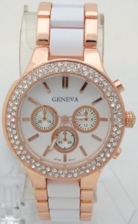 Geneva Quartz Chronograph Look Rose Gold White ceramic-style With Rhinestones Geneva Quartz Chronograph Look Rose Gold White ceramic-style With Rhinestones