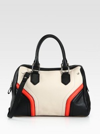 A bold, colorblock design in luxurious leather with a versatile removable strap.Double top handles, 7 dropDetachable shoulder strap, 20 dropTop zip closureProtective metal feetOne inside zip pocketTwo inside open pocketsFully lined14W X 10H X 5½DImported A bold, colorblock design in luxurious leather with a versatile removable strap.Double top handles, 7 dropDetachable shoulder strap, 20 dropTop zip closureProtective metal feetOne inside zip pocketTwo inside open pocketsFully lined14W X 10H X 5½DImported