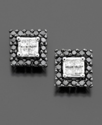Square away your style with these gorgeous stud earrings featuring round-cut black diamonds (1/5 ct. t.w.) and white diamonds (1/8 ct. t.w.). Set in 14k white gold. Approximate diameter: 1/4 inch. Square away your style with these gorgeous stud earrings featuring round-cut black diamonds (1/5 ct. t.w.) and white diamonds (1/8 ct. t.w.). Set in 14k white gold. Approximate diameter: 1/4 inch.
