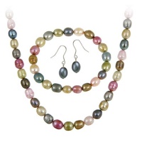 Sterling Silver Freshwater Cultered Multi Color Pearl Necklace, Bracelet, Earring Jewelry Set Sterling Silver Freshwater Cultered Multi Color Pearl Necklace, Bracelet, Earring Jewelry Set