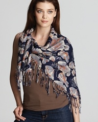 A stylish scarf featuring an elegant floral print and twisted fringe ends. A stylish scarf featuring an elegant floral print and twisted fringe ends.