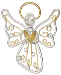 Keep an angel on your shoulder with this lovely pin from Charter Club. The angel design shines with golden accents and clear cabochon stones. Crafted in silver and gold tone mixed metal. Approximate length: 2 inches. Keep an angel on your shoulder with this lovely pin from Charter Club. The angel design shines with golden accents and clear cabochon stones. Crafted in silver and gold tone mixed metal. Approximate length: 2 inches.