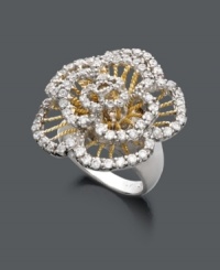 Flirty, filigree, and floral. B. Brilliant's enchanting ring features a chic floral shape decorated with round-cut cubic zirconias (3-1/10 ct. t.w.). Crafted in 18k gold over sterling silver and sterling silver. Size 7. Flirty, filigree, and floral. B. Brilliant's enchanting ring features a chic floral shape decorated with round-cut cubic zirconias (3-1/10 ct. t.w.). Crafted in 18k gold over sterling silver and sterling silver. Size 7.
