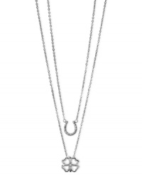 It's your lucky day. Fossil's necklaces, crafted from silver-tone stainless steel, feature a horseshoe pendant and another with a four-leaf clover design to make sure fortune is on your side. Approximate length, horseshoe necklace: 17 inches. Approximate length, clover necklace: 18 inches + 2-inch extender. It's your lucky day. Fossil's necklaces, crafted from silver-tone stainless steel, feature a horseshoe pendant and another with a four-leaf clover design to make sure fortune is on your side. Approximate length, horseshoe necklace: 17 inches. Approximate length, clover necklace: 18 inches + 2-inch extender.