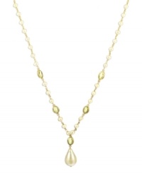 A springtime touch. Green peridots (4 ct. t.w.) and cultured freshwater pearls (3-1/2-4 mm) make for a sophisticated combination on this delicate 18k gold over sterling silver necklace. Approximate length: 17 inches. Approximate drop length: 17 mm. Approximate drop width: 11 mm. A springtime touch. Green peridots (4 ct. t.w.) and cultured freshwater pearls (3-1/2-4 mm) make for a sophisticated combination on this delicate 18k gold over sterling silver necklace. Approximate length: 17 inches. Approximate drop length: 17 mm. Approximate drop width: 11 mm.