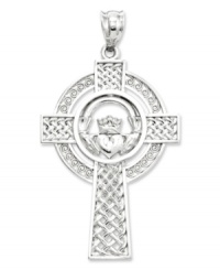 Cherish your faith and your Celtic heritage with this unique Claddagh cross charm. Crafted in 14k white gold with an intricate filigree design. Chain not included. Approximate length: 1-2/3 inches. Approximate width: 9/10 inch. Cherish your faith and your Celtic heritage with this unique Claddagh cross charm. Crafted in 14k white gold with an intricate filigree design. Chain not included. Approximate length: 1-2/3 inches. Approximate width: 9/10 inch.