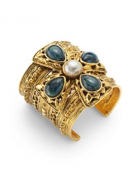 THE LOOKByzantine collectionCross detailColored glass stonesFaux pearl accentTextured and perforated design24k electroplated gold settingTHE MEASUREMENTWidth, about 3ORIGINMade in USA THE LOOKByzantine collectionCross detailColored glass stonesFaux pearl accentTextured and perforated design24k electroplated gold settingTHE MEASUREMENTWidth, about 3ORIGINMade in USA