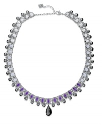 Drops of purple crystals add a magnificent touch to Swarovski's statement necklace. With a Swarovski exclusive cut, the center pendant captivates in Purple Velvet. Crafted in rhodium-plated mixed metal. Approximate length: 16 inches + 2-1/2-inch extender. Drops of purple crystals add a magnificent touch to Swarovski's statement necklace. With a Swarovski exclusive cut, the center pendant captivates in Purple Velvet. Crafted in rhodium-plated mixed metal. Approximate length: 16 inches + 2-1/2-inch extender.