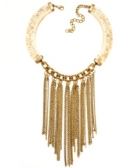 Drape yourself in the colors of luxury. Haskell's drop-dead gorgeous frontal necklace combines a unique mix of gold and ivory-plated mixed metal chains combined with crystal cup chain accents and acrylic beads for a totally-dramatic look. Approximate length: 14 inches + 3-inch extender. Approximate drop: 6-1/2 inches. Drape yourself in the colors of luxury. Haskell's drop-dead gorgeous frontal necklace combines a unique mix of gold and ivory-plated mixed metal chains combined with crystal cup chain accents and acrylic beads for a totally-dramatic look. Approximate length: 14 inches + 3-inch extender. Approximate drop: 6-1/2 inches.