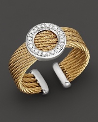 From the Classique collection, white gold and yellow PVD cable cuff with round diamond stations. Designed by Charriol. From the Classique collection, white gold and yellow PVD cable cuff with round diamond stations. Designed by Charriol.