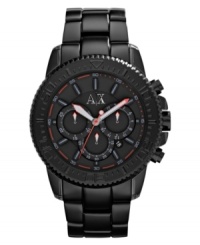 Built tough, this AX Armani Exchange chronograph watch blends fashion with function. Built tough, this AX Armani Exchange chronograph watch blends fashion with function.
