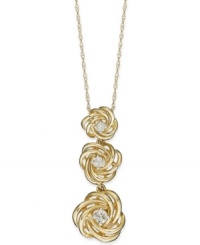 This style exudes romance. Wrapped in Love™ pendant features three luminous knots that each cradle a sparkling round-cut diamond (1/5 ct. t.w.). Set in 14k gold. Approximate length: 18 inches. Approximate drop: 1-1/4 inches. This style exudes romance. Wrapped in Love™ pendant features three luminous knots that each cradle a sparkling round-cut diamond (1/5 ct. t.w.). Set in 14k gold. Approximate length: 18 inches. Approximate drop: 1-1/4 inches.