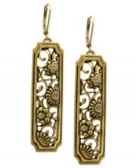 Long on the details. T Tahari's intricately designed drop earrings, part of the Deco Lace Collection, are crafted from gold-tone mixed metal, with glass crystal accents adding a lustrous touch. Approximate drop: 2-1/2 inches. Long on the details. T Tahari's intricately designed drop earrings, part of the Deco Lace Collection, are crafted from gold-tone mixed metal, with glass crystal accents adding a lustrous touch. Approximate drop: 2-1/2 inches.