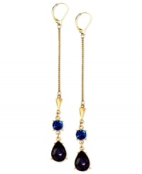 Moody drops for a little length. These earrings from RACHEL Rachel Roy showcase blue and purple glass stone accents. Crafted in gold tone mixed metal. Approximate drop: 3-3/4 inches. Approximate diameter: 1/2 inch. Moody drops for a little length. These earrings from RACHEL Rachel Roy showcase blue and purple glass stone accents. Crafted in gold tone mixed metal. Approximate drop: 3-3/4 inches. Approximate diameter: 1/2 inch.