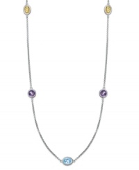 Pretty pops of color, all in a row. This delicate long strand necklace features round and oval-cut stations of blue topaz (4 ct. t.w.), citrine (1-1/2 ct. t.w.) and amethyst (4-1/2 ct. t.w.). Setting and lobster claw clasp crafted in sterling silver. Approximate length: 36 inches. Pretty pops of color, all in a row. This delicate long strand necklace features round and oval-cut stations of blue topaz (4 ct. t.w.), citrine (1-1/2 ct. t.w.) and amethyst (4-1/2 ct. t.w.). Setting and lobster claw clasp crafted in sterling silver. Approximate length: 36 inches.