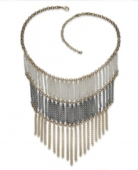 Setting the tone. Robert Rose makes mesh go three steps beyond with this tri-tone frontal chain. It's elegance times three. Crafted in mixed metal. Approximate length: 15 inches + 3-inch extender. Approximate drop: 8 inches. Setting the tone. Robert Rose makes mesh go three steps beyond with this tri-tone frontal chain. It's elegance times three. Crafted in mixed metal. Approximate length: 15 inches + 3-inch extender. Approximate drop: 8 inches.