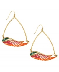 RACHEL Rachel Roy gives a classic pair of hoops a little extra lift! Intricate wings decorated by colorful epoxy, shimmering glass accents and a worn gold tone mixed metal setting. Approximate drop: 2-1/4 inches. RACHEL Rachel Roy gives a classic pair of hoops a little extra lift! Intricate wings decorated by colorful epoxy, shimmering glass accents and a worn gold tone mixed metal setting. Approximate drop: 2-1/4 inches.