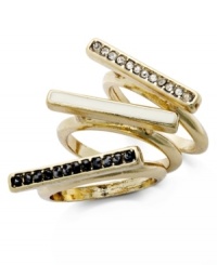 Three's company you'll enjoy This set of 3 multi-ring set from Bar III is crafted from gold tone mixed metal with crystal accents and white enamel. Size 7. Three's company you'll enjoy This set of 3 multi-ring set from Bar III is crafted from gold tone mixed metal with crystal accents and white enamel. Size 7.