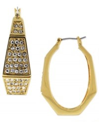 This angular hoop style by Vince Camuto adds pave crystal accents for elegant edge. Crafted in gold tone mixed metal. Approximate diameter: 1-1/4 inches. This angular hoop style by Vince Camuto adds pave crystal accents for elegant edge. Crafted in gold tone mixed metal. Approximate diameter: 1-1/4 inches.