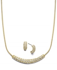 Add a little illumination this holiday season! You'll sparkle like the lights on the tree in Charter Club's stunning jewelry set. Crafted in gold tone mixed metal, a dazzling necklace and three quarter hoop earrings shine with the addition of pave-set glass accents. Approximate necklace length: 14 inches + 2-inch extender. Approximate pendant width: 2 inches. Approximate earring diameter: 1/2 inch. Add a little illumination this holiday season! You'll sparkle like the lights on the tree in Charter Club's stunning jewelry set. Crafted in gold tone mixed metal, a dazzling necklace and three quarter hoop earrings shine with the addition of pave-set glass accents. Approximate necklace length: 14 inches + 2-inch extender. Approximate pendant width: 2 inches. Approximate earring diameter: 1/2 inch.