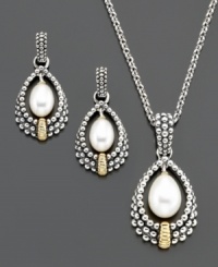 A match made in heaven. Oval-shaped pearls (7x5 mm) serve as the focal point for a sterling silver and 14k gold pendant with 18-chain, and gorgeous matching earrings. Earring drop measures approximately 1 inch. A match made in heaven. Oval-shaped pearls (7x5 mm) serve as the focal point for a sterling silver and 14k gold pendant with 18-chain, and gorgeous matching earrings. Earring drop measures approximately 1 inch.