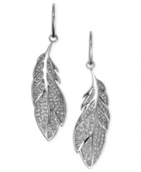 Your new feather friends from Fossil. These drop earrings features glitzy feather pendants. Crafted in silver tone mixed metal. Approximate drop: 1-3/4 inches. Your new feather friends from Fossil. These drop earrings features glitzy feather pendants. Crafted in silver tone mixed metal. Approximate drop: 1-3/4 inches.