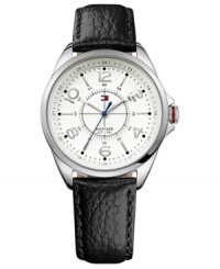 Black leather creates a masculine steel watch from Tommy Hilfiger. Black leather creates a masculine steel watch from Tommy Hilfiger.