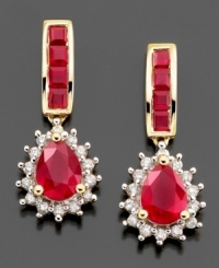 Heat up your look with sizzling style. Earrings feature pear-cut ruby (2-1/2 inches) and round-cut diamond (1/4 ct. t.w.) set in 14k gold. Approximate drop: 3/4 inch. Heat up your look with sizzling style. Earrings feature pear-cut ruby (2-1/2 inches) and round-cut diamond (1/4 ct. t.w.) set in 14k gold. Approximate drop: 3/4 inch.