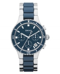 Sporty with a classic edge, this DKNY chronograph watch catches the eye with deep blues. Sporty with a classic edge, this DKNY chronograph watch catches the eye with deep blues.