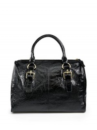 THE LOOKRectangle silhouetteDouble top handlesTop zip closureCrinkle patent leather designGoldtone hardware Seam detailsProtective metal feetOne inside zip pocketTwo inside open pocketsTHE FITDouble top handles, 7 drop14W X 8H X 9½DTHE MATERIALPatent leatherCotton logo liningORIGINImported THE LOOKRectangle silhouetteDouble top handlesTop zip closureCrinkle patent leather designGoldtone hardware Seam detailsProtective metal feetOne inside zip pocketTwo inside open pocketsTHE FITDouble top handles, 7 drop14W X 8H X 9½DTHE MATERIALPatent leatherCotton logo liningORIGINImported