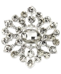 Shimmery florals from Jones New York. This elegant pin is styled in a floral silhouette and is lovingly embellished with glass accents. Crafted in silver tone mixed metal. Approximate length: 2 inches. Includes gift box. Shimmery florals from Jones New York. This elegant pin is styled in a floral silhouette and is lovingly embellished with glass accents. Crafted in silver tone mixed metal. Approximate length: 2 inches. Includes gift box.