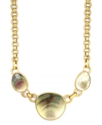 Hypnotizing fashion. Mesmerizing brown mother-of-pearl shell pieces stand out on his collar necklace by Jones New York. Crafted in worn gold tone mixed metal. Approximate length: 17 inches + 3-inch extender. Hypnotizing fashion. Mesmerizing brown mother-of-pearl shell pieces stand out on his collar necklace by Jones New York. Crafted in worn gold tone mixed metal. Approximate length: 17 inches + 3-inch extender.