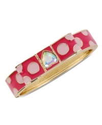 Polka dots provide a whimsical touch on this hinged bangle bracelet from Betsey Johnson. It's crafted from antique gold-tone mixed metal, and has a fuchsia bow with dots and a glass crystal accent. Item comes packaged in a signature Betsey Johnson Gift Box. Approximate diameter: 2-1/2 inches. Polka dots provide a whimsical touch on this hinged bangle bracelet from Betsey Johnson. It's crafted from antique gold-tone mixed metal, and has a fuchsia bow with dots and a glass crystal accent. Item comes packaged in a signature Betsey Johnson Gift Box. Approximate diameter: 2-1/2 inches.