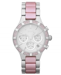 Hot pink and glitzy accents give instant femininity to this classic two-tone watch by DKNY. Hot pink and glitzy accents give instant femininity to this classic two-tone watch by DKNY.